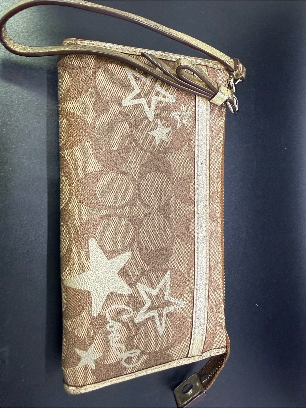 Coach Tan/Brown Signature Star Print Wristlet with Gold Trim